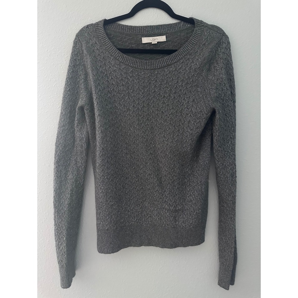 Ann Taylor LOFT Womens Medium Gray Metallic Shimmer Cable Knit Crew Neck Sweater
